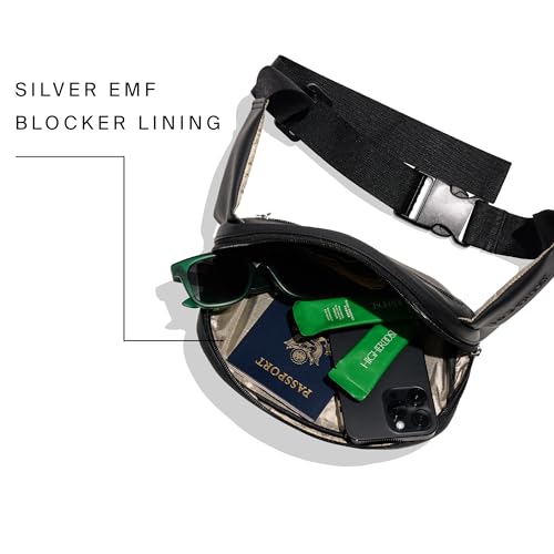 HigherDOSE EMF Blocking Black Fanny Pack - Vegan Leather Waist Bag for Women & Men - Shields Against Harmful Electromagnetic Waves - Includes Crossbody Strap & Adjustable Waistband