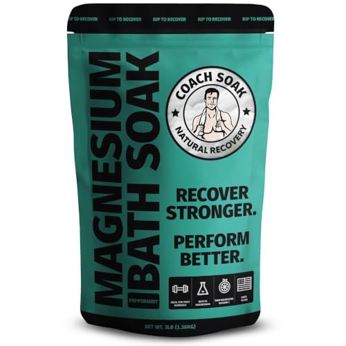 Coach Soak Recovery Bath Soak - Alternative to Epsom Salt Bath Soak - Fast-Absorbing Pure Magnesium Flakes with 21 Minerals, Bath Salts & Essential Oils - 48 oz, Cooling Peppermint