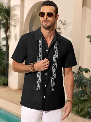 Mens Cuban Guayabera Shirts Cotton Linen Short Sleeve Shirt Casual Hippie Beach Button Down Pocket Shirt4
