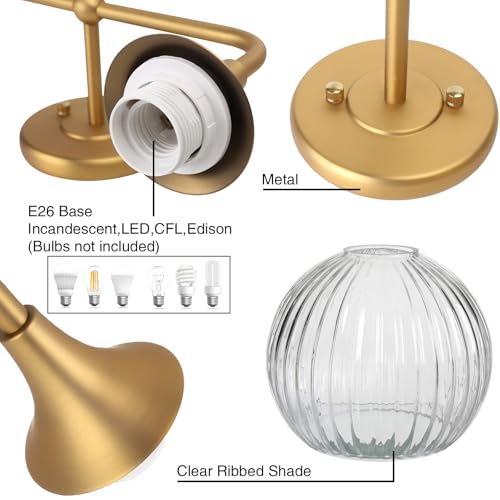 Image of PERMO Wall Sconce Vintage Vanity Light Antique 2 Lights Sconce with Clear Ribbed Globe Glass Shade Antique Brass Gold Double Sconces for Bathroom