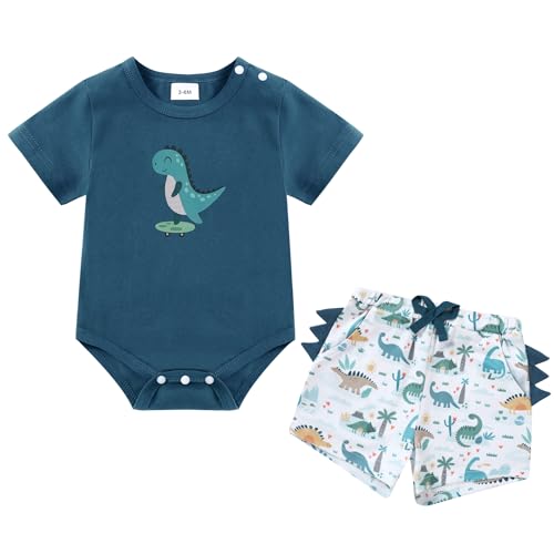 Coco&RARA Baby Boy Clothes Short Sleeve Summer Cotton Crew Neck Button Crotch Cute Patterns Romper Printed Elastic Waist Shorts Set Infant Little Kids Baby Outfits(Dark Blue 3-6 Months)