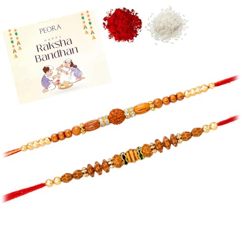 Image of Peora Rakhshabandhan Thread Rakhi for Brother Bhaiya | Kundan Beads & Crystal Studded | Combo Set of 2 | Rakhi Hamper Roli Chawal & Greeting Card