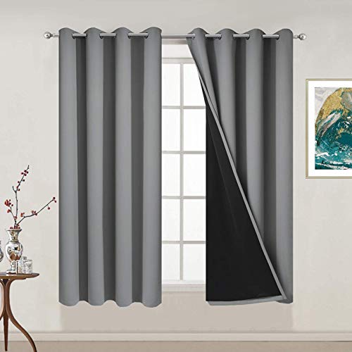 Image of Yakamok Thermal Insulated 100% Blackout Curtains for Bedroom, Heat and Full Light Blocking Drapes with Black Liner for Living Room, 54 inches Length (Grey, 2 Panels, 52 inches Wide Each Panel)