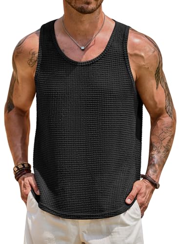 VOGSTART Men Hollow Out Tank Fashion Vest Hollowout Tanktops Sleeveless Mesh Polyester Knitted Basic Tops Black L