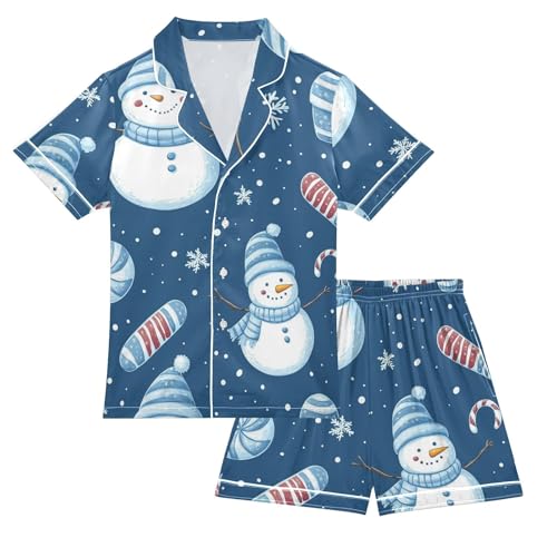 Satin Pajama Sets Short Sleeve Snowman Candy Cane Snowflakes Button Down Silky Nightwear 2 Piece PJS 5-14Y