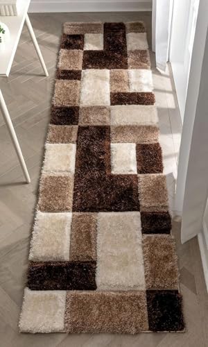 Image of Handwoven 3D Pattern Shag Area Rug Runner, 2x6 Feet, Beige /Brown /Ivory