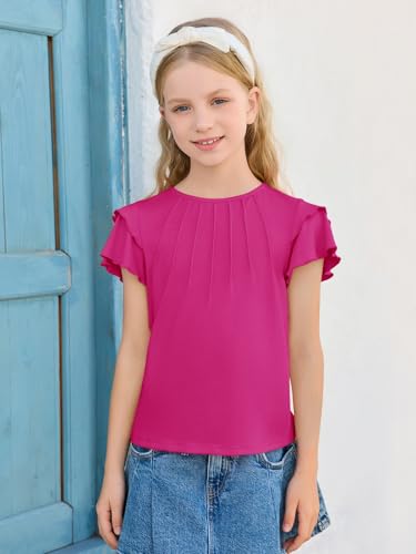 Image of Haloumoning Girls Pleated Ruffle Short Sleeve Shirts Kids Summer Crewneck T-Shirts Fashion Tops Tees 5-14 Years