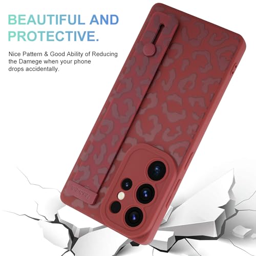 Image of Compatible with Samsung Galaxy S25 Ultra Case with Strap Wrist | Cheetah Print Shockproof Soft TPU Protective Cover for Women Girls, Slim Anti Scratch Case 6.9 Inch, Wine Red