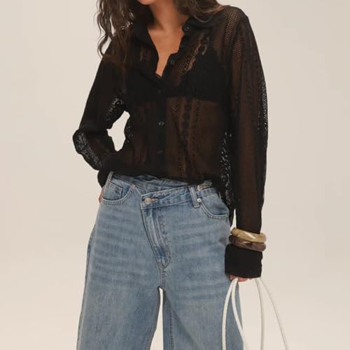Women's Lace Long Sleeve Top Dressy Casual Embroidery Y2K Hollow Out Sheer Mesh Button Up Shirt Blouse