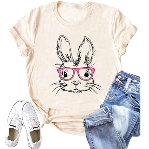 Funny Bunny Print T Shirt for Women Cute Graphic Easter Shirts Family Colorful Spring Tops Casual Tee(EA-203OW,X-Large)