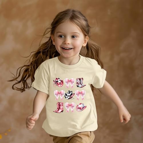Deyaidy Girls Western Cowgirl Bow Country Shirt Cute Rodeo Cowboy Shirts Kids Graphic Summer Tees Cotton Short Sleeve Tops(Apricot,150)