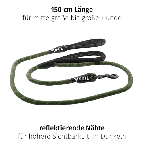 Floxik Tauleine für Hunde Grün | Innovative 1,5m Hundeleine mit Zwei Griffen und reflektierenden Nähten für mittelgroße & große Hunde | wetterbeständiges & belastbares Kletterseilmaterial