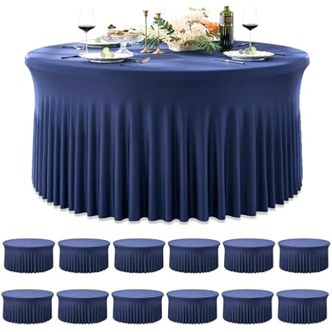 Htper 12 Pack Round Spandex Table Cloth for 60inch Table, Navy Blue 120inch Stretchy Fitted 5FT Round Table Cloths,Wrinkle Free Round Table Cloth with Skirt for Wedding Birthday Banquet Cover