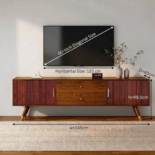 Image of MISAN Modern TV Table | Solid Sheesham Wood Sideboard TV Unit for Living Room, Bedroom, Office Furniture Stand | Wooden Free Standing Entertainment Unit Side Board Table with Storage (Modern, Brown)