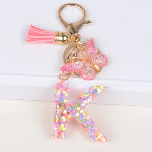 Image of GEOCARTER Lightweight Fashion Initial Letter Key Ring with Butterfly Pendant & Tassel, Stylish Purse Charm for Handbags, Car Keys, Gifts for Girls & Women
