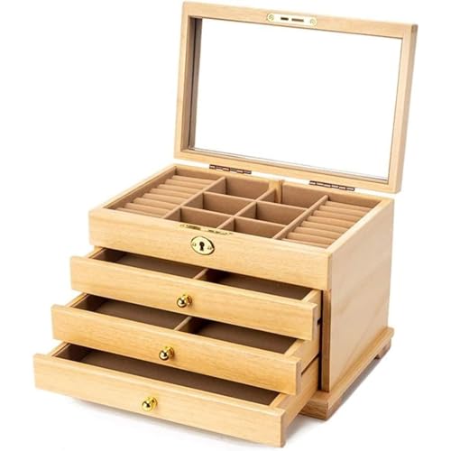 Yubbuio 木製ジュエリーボックス多層大容量引き出し収納ボックスワンキーフルロック分割収納 ハイエンドの高級無垢材プリンセスヨーロピアンスタイル中国風のイヤリング、イヤリング、ネックレス、ウェディングジュエリーボックス (4層,クリーミーイエロー-A)