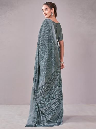 Image of Satrani Women's Crepe Printed Saree with Unstitched Blouse Piece
