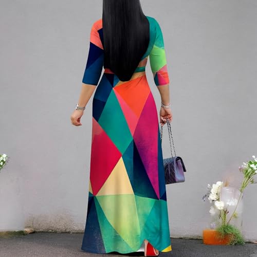 Image of PinkPatty Women's Plus Size Maxi Dresses Casual Flowy 3 /4 Sleeves Dress Printed Vacation Dress for Daily Wear with Belt