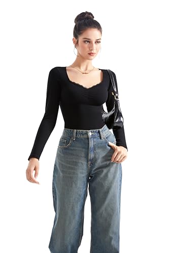 SUUKSESS Women Sweetheart V Neck Long Sleeve Tops Lace Trim Ribbed Modal Fall Going Out Shirts2