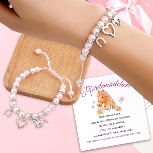 Pferde Geschenk für Mädchen - Verstellbares Glücksarmband mit Hufeisen, Herz und Rosa Perlen | mit Namensschreibbarer Glückwunschkarte & Geschenkbox | Ideal für Kommunion, Geburtstag und Schulanfang