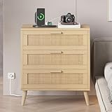 Irontar Rattan Nightstand with Charging Station, Night Stand with 3 Large Rattan Drawers, Accent End Table, Bedside Table with Solid Wooden Legs for Bedroom, Natural BZZ006ME