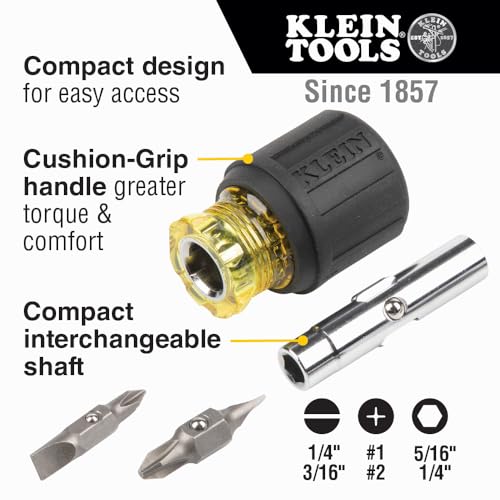 Klein Tools 32561 Destornillador y destornillador de tuercas con múltiples puntas 6 en 1, Phillips, 1 y #2, ranura de 3/16 pulgadas, 1/4 pulgadas y 5/16 pulgadas, negro y amarillo