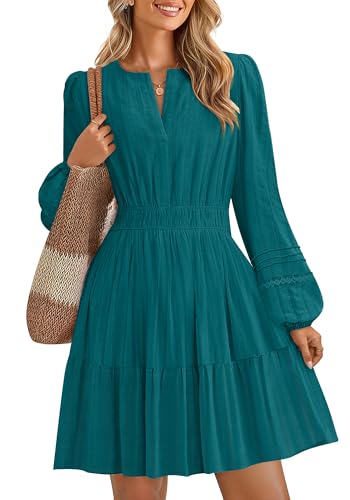 ZESICA Fall Long Sleeve Mini Dresses for Women 2025 Lightweight V Neck High Waist A Line Flowy Swing Casual Party Dress Teal Medium