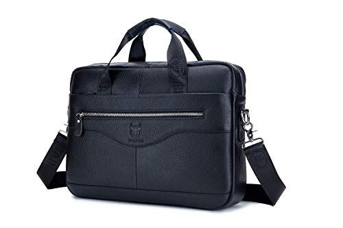 Preisvergleich Produktbild Herren Umhängetasche, Popoti Ledertasche Schultertasche Handtasche Aktentasche Wasserdicht Laptoptasche Schultasche Multifunktional Vintage Messenger Bag (Schwarz, 39X9X29CM)