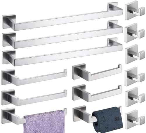 Bathroom Hardware Set 15 Piece Brush Nickel Bathroom Accessories Set SUS304 Towel Bar Set Includes 3 Towel Bar 24 Inch+3 Towel Holder+3 Toilet Paper Holder+6 Towel Hooks (15, Brushed Nickel, 24 Inch)