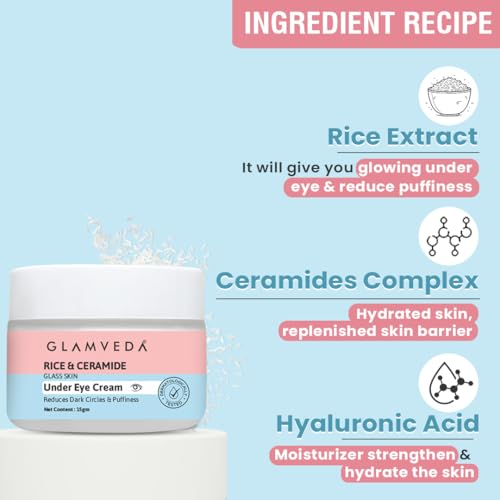 Image of Glamveda Korean Rice & Ceramide Under Eye Cream | Reduces Dark Circles, Puffiness, Wrinkles & Fine Lines | Eye Cream for Dry & Sensitive Skin | For Men & Women 15gm