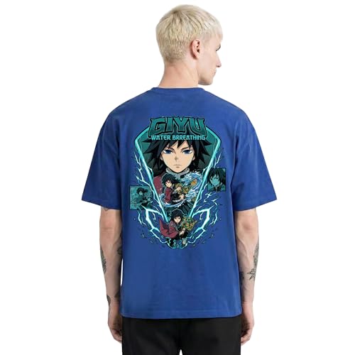 Image of Anime Printed T Shirt for Men | Demons Slayer Giyu Graphic Cotton Oversized Drop Shoulder | Black Round Neck Short Sleeve | Lightweight Casual Wear