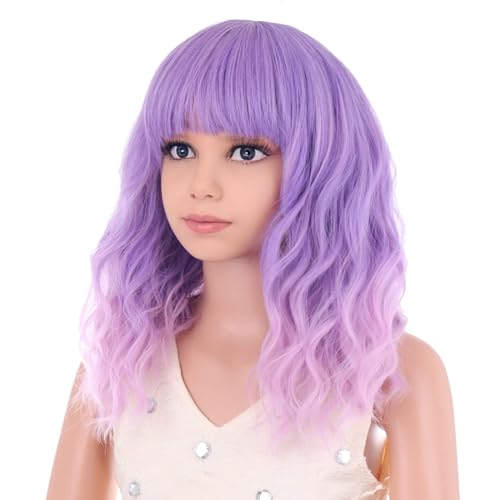 Image of PATTINUM Purple Wig Kids Child's Wig Short Curly Wig Lavender Purple Wigs for Kids Light Purple Pink Wigs with Bangs Synthetic Hair (Purple Ombre Pink)