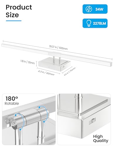 Image of NIORSUN 39.4 Inch Modern Bathroom Light Fixture, 34W 5CCT Dimmable LED Chrome Bathroom Vanity Lights Over Mirror, Vanity Lights for Bathrooms Restroom Mirror
