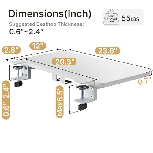 Image of PEGZONE Desk Extender Tray, 24 inch x 12 inch, with Laptop Holder, Medium, White | Desk Extension, Clamp on Desk Shelf, Clamp On Keyboard Tray for Office and Home, Workstation Organizer