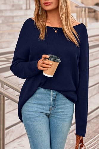 PRETTYGARDEN Women's Oversized Sweaters 2026 Casual Long Sleeve Scoop Neck Pullover Tops Loose Cozy Knit Spring Outfits(Navy Blue,Large) — view 3