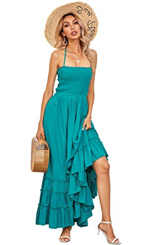 R.Vivimos Womens Summer Cotton Sexy Blackless Long Dresses (Small, Turquoise)