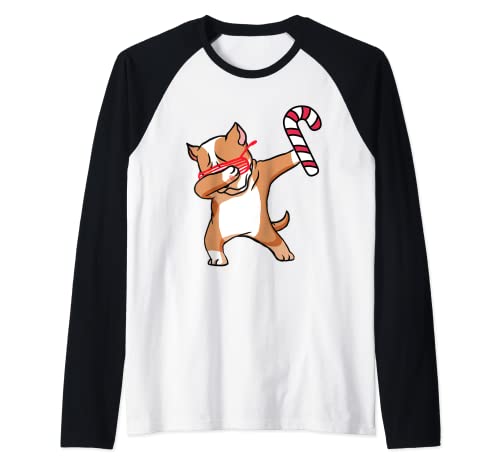 Navidad Dabbing Pitbull Puppy Dog Candy Cane Dance Gift Camiseta Manga Raglan