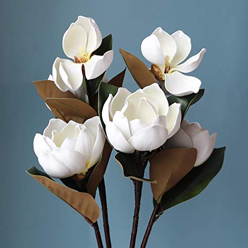 LIUCOGXI Vintage Artificial Magnolia Flower White 6 Heads Long Stem Magnolia Bouquet with Green Leaves Arrangement for Home Office Living Room Bedroom Floor Vase Decoration
