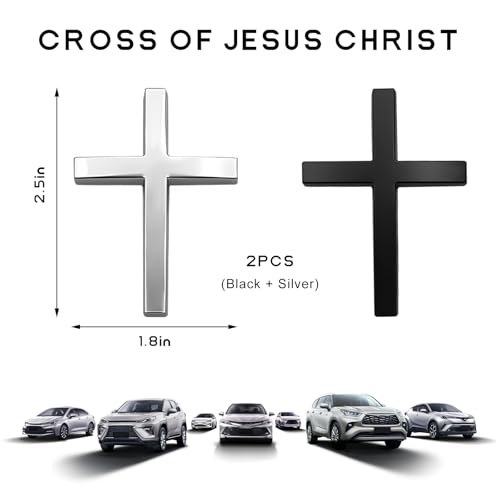Image of 2 PCS Metal Christian Cross Emblem Stickers, 2.5 inchx1.8 inch Alloy 3D Car Cross Sticker Badge, Self-Adhesive Emblem Decal Decoration for Auto Trunk Tailgate Fenders, Car Exterior Decal (Black+Silver)