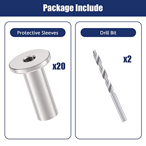 Riayer 20 Pack T316 Protector Sleeve Silver Steel Cable Railing Kit For 1/8" Wire Rope Cable Railing Hardware, Stainless Steel Protector Sleeves For Wood/Composite Posts With 2 Free Drill Bits #TOP2