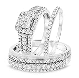 Ranjeeta Princess & Round Cut White Diamond 14K White Gold Fn 925 Sterling Silver Diamond Wedding Trio Ring Set for Women's & Men's