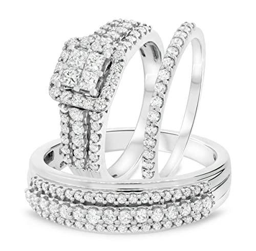 Ranjeeta Princess & Round Cut White Diamond 14K White Gold Fn 925 Sterling Silver Diamond Wedding Trio Ring Set for Women's & Men's