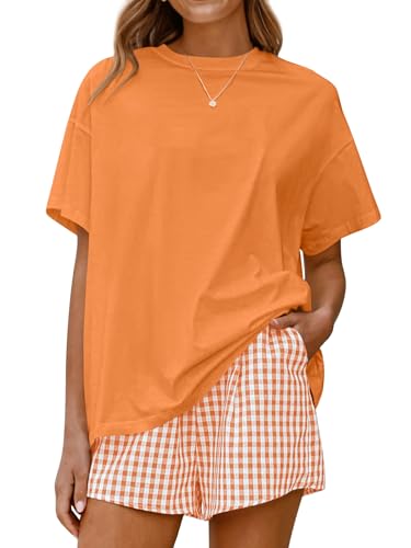 Image of LOGENE Women Two Piece Lounge Pajamas Set Oversized T-Shirts & Boxer Plaid Shorts 2026 Summer Casual Loungewear Comfy Outfits