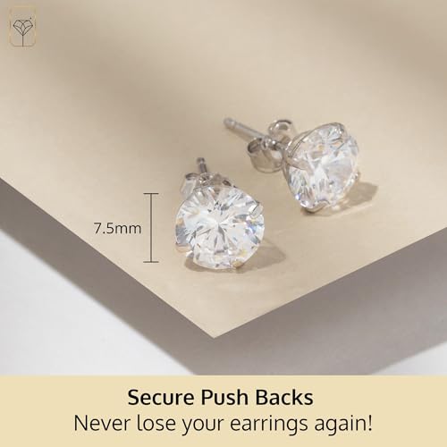 14K White Gold Stud Earrings for Women Men with CZ | Real 14K Gold Cubic Zirconia Stud Earrings with Secure Butterfly Backs | Anti-Tarnishing CZ Earring Size 7.5MM by MAX + STONE
