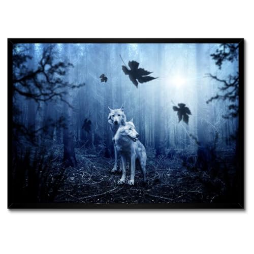 Forêt bleue et loups poster encadré blanc pour salon moderne 70x50
