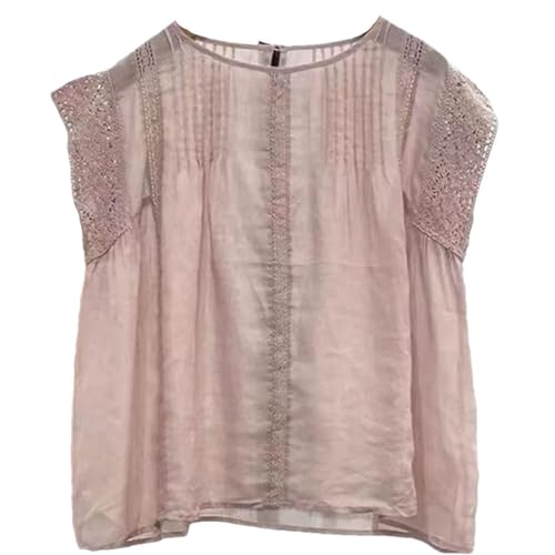 Women's Hollow Lace Patchwork Vest Pleated O-Neck Solid Color Sleeveless Vest