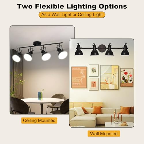 Image of HiBay Track Lighting Fixtures Ceiling Black, Adjustable 4-Light Spotlight | Industrial LED Track Lights for Kitchen, Dining Room, Bedroom, E26 Base (Bulb Not Included)