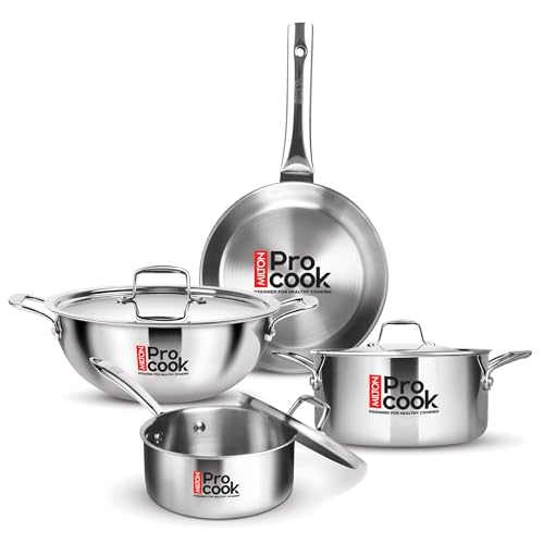 Image of Milton Pro Cook Triply Stainless Steel 7 Pcs Cookware Set, Kadai with Lid (20cm /2.1L), Casserole with Lid (20cm /3L), Fry Pan (20cm /1.1L), Saucepan & Lids (16cm /1.4L), Induction & Gas Compatible