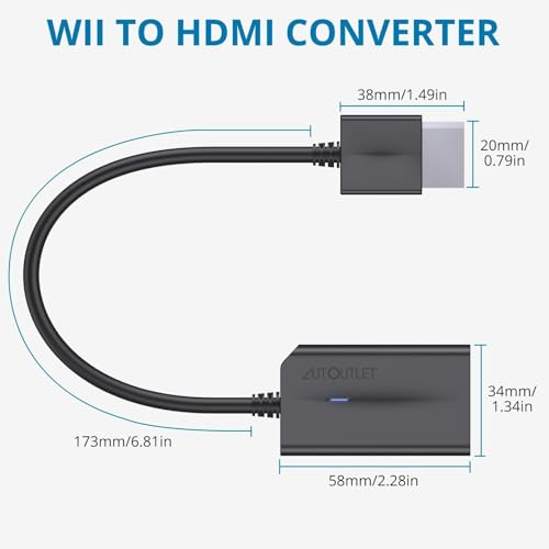 AUTOUTLET Adaptador Wii a HDMI, Convertidor Wii Hdmi Cable Extensión de 20cm 1080P / 720P Full HD, Salida de Audio de 3,5mm y Cable HDMI de 1,8m, Indicador de Luz para Wii, Televisión (Negro) - imagen 8