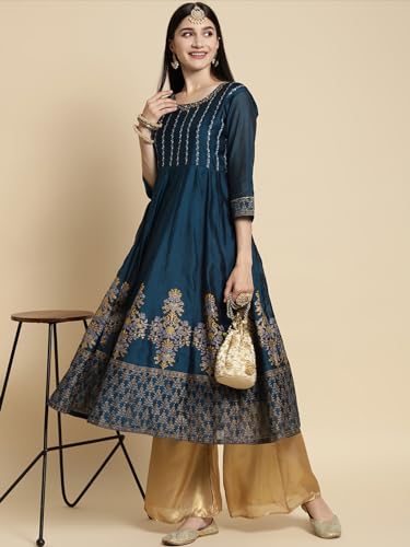 Image of rangita Women's Chanderi Relaxed Fit Anarkali Calf Length Embroidered Kurti | Kurta